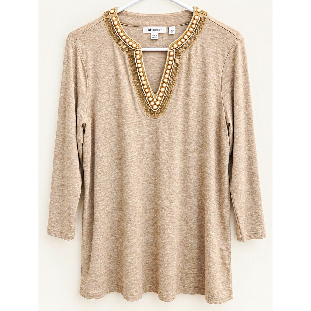 Chico’s Beige Embellished Beaded Neckline Tunic Top Size 2/L